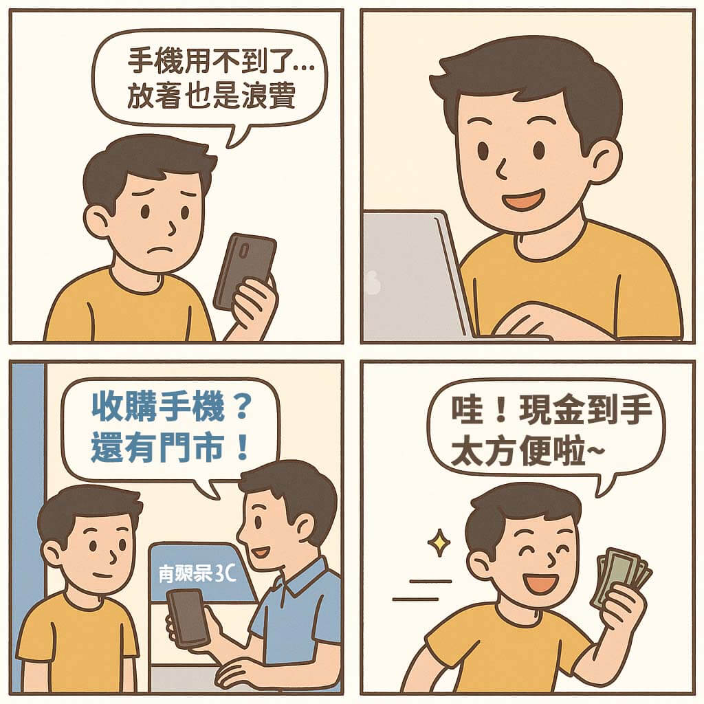 二手手機收購漫畫｜手機用不到換現金（青蘋果3C四格說明）