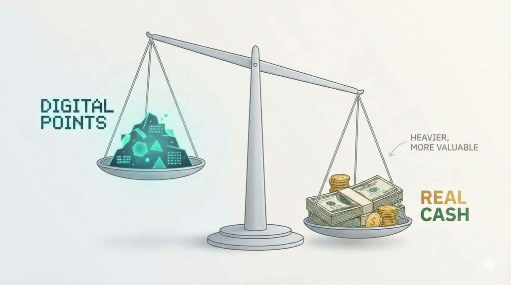 概念藝術圖，天平兩端分別秤著「虛擬點數」與「實體現金」，顯示現金端更有價值 / Conceptual art, a scale weighing "Digital Points" on one side and "Real Cash" on the other, with the Cash side being heavier and more valuable.